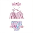 thumbnail image 1 of Toddler Girls 3Pcs Bikini Set  Solid Color Ruffle Halter Tops + Mermaid Bottom + Headband Set, 1 of 2