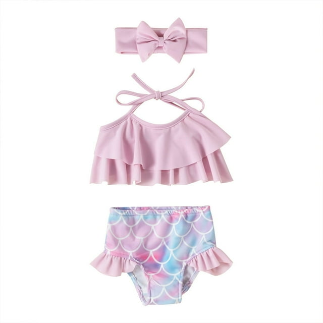 Toddler Girls 3Pcs Bikini Set Solid Color Ruffle Halter Tops + Mermaid Bottom + Headband Set