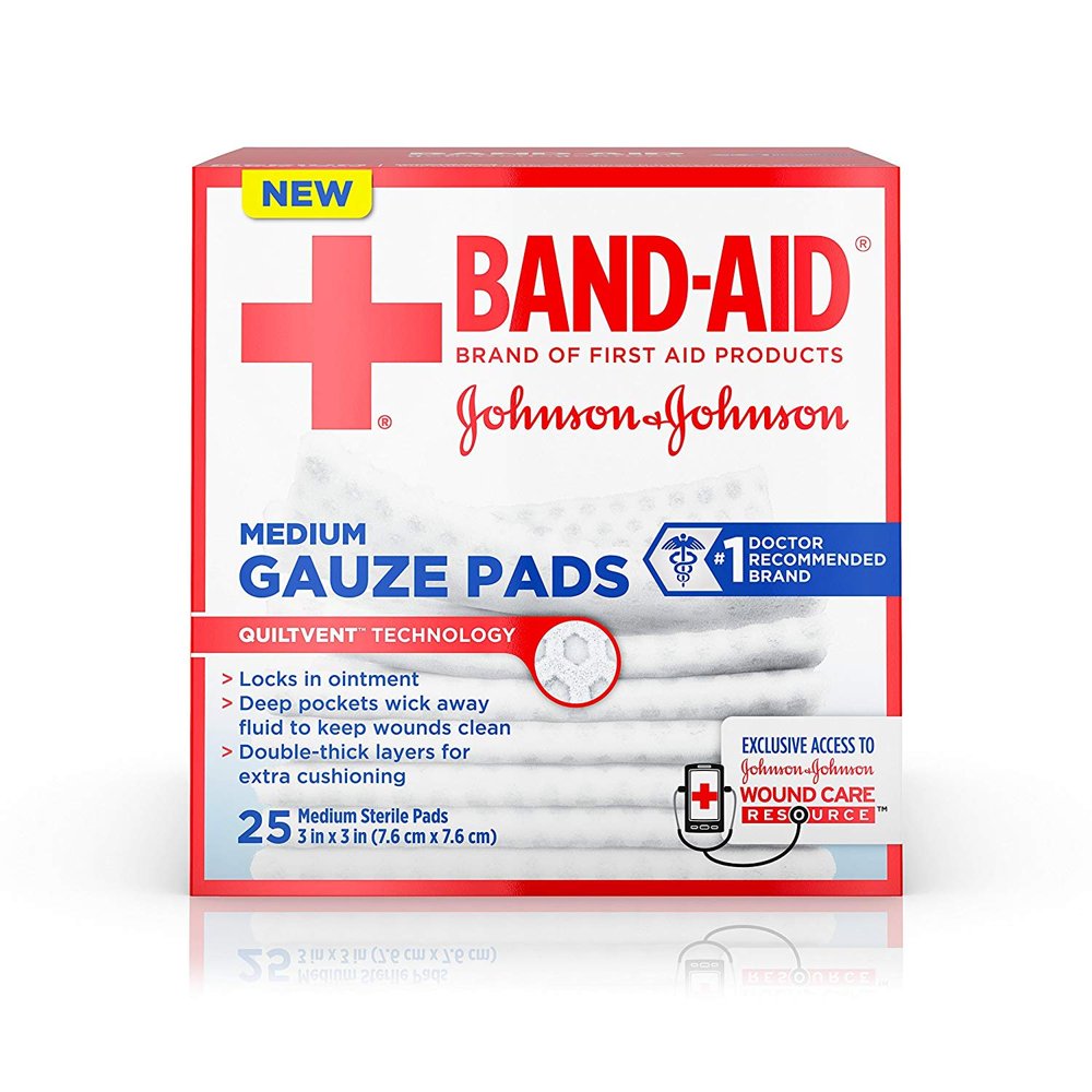 BandAid First Aid Gauze Pads, Medium (3 Inch x 3 Inch) 25 ea Pack of 2