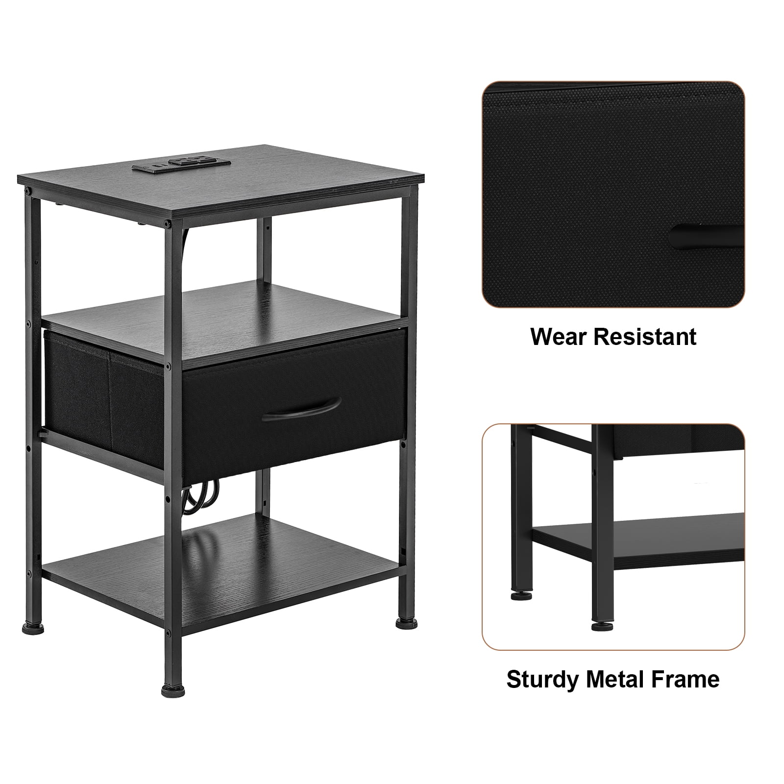 CONCETTA Set of 2 Small Night Stand with Charging Station, 1 Fabric Drawer, USB Ports and Outlets, Open Storage Shelf Bedside End Table for Bedroom, Black