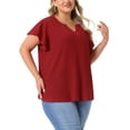 thumbnail image 4 of Agnes Orinda Women's Plus Size Tops Texture Notched V Neck Ruffle Sleeve Summer Casual  Tee Blouses 4X Red, 4 of 5
