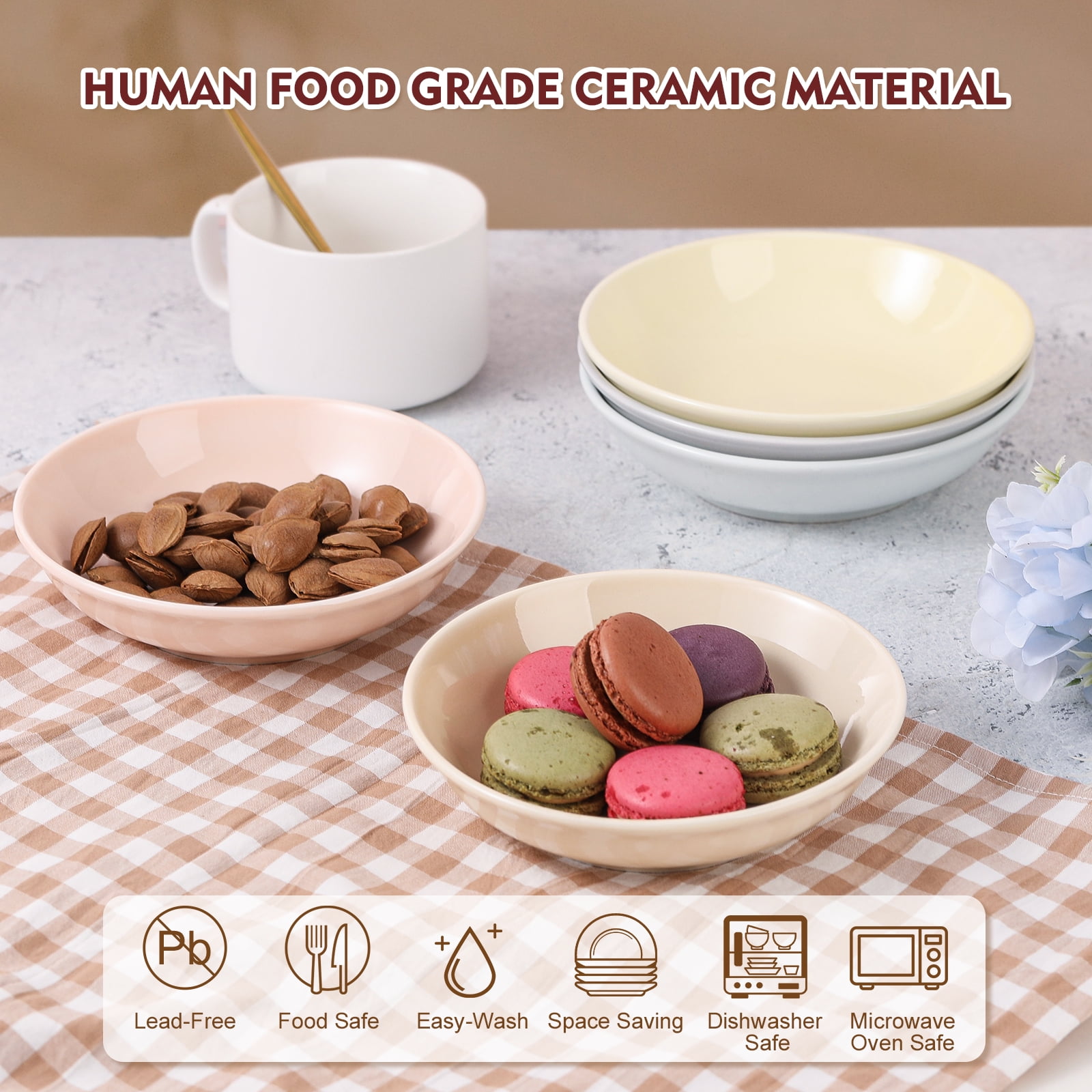 Ceramic Cat Food Bowl Set - Colorful Cat Feeding Bowls with Non Slip Mat - Wide Shallow Cat Bowl Whisker Friendly - Cat Plates - Cute Cat Dish - Microwave Dishwasher Safe - 6 Pack - 8.5 oz - 5.75 inch