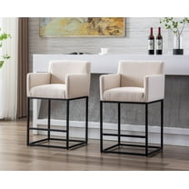 Guyou 26.75" Modern Bar Stools Set of 2, Linen Upholstered Counter Height Bar Stool with Back and Arms, Kitchen Island Stool with Black Metal Frame for Home Bar Restaurant, Cream