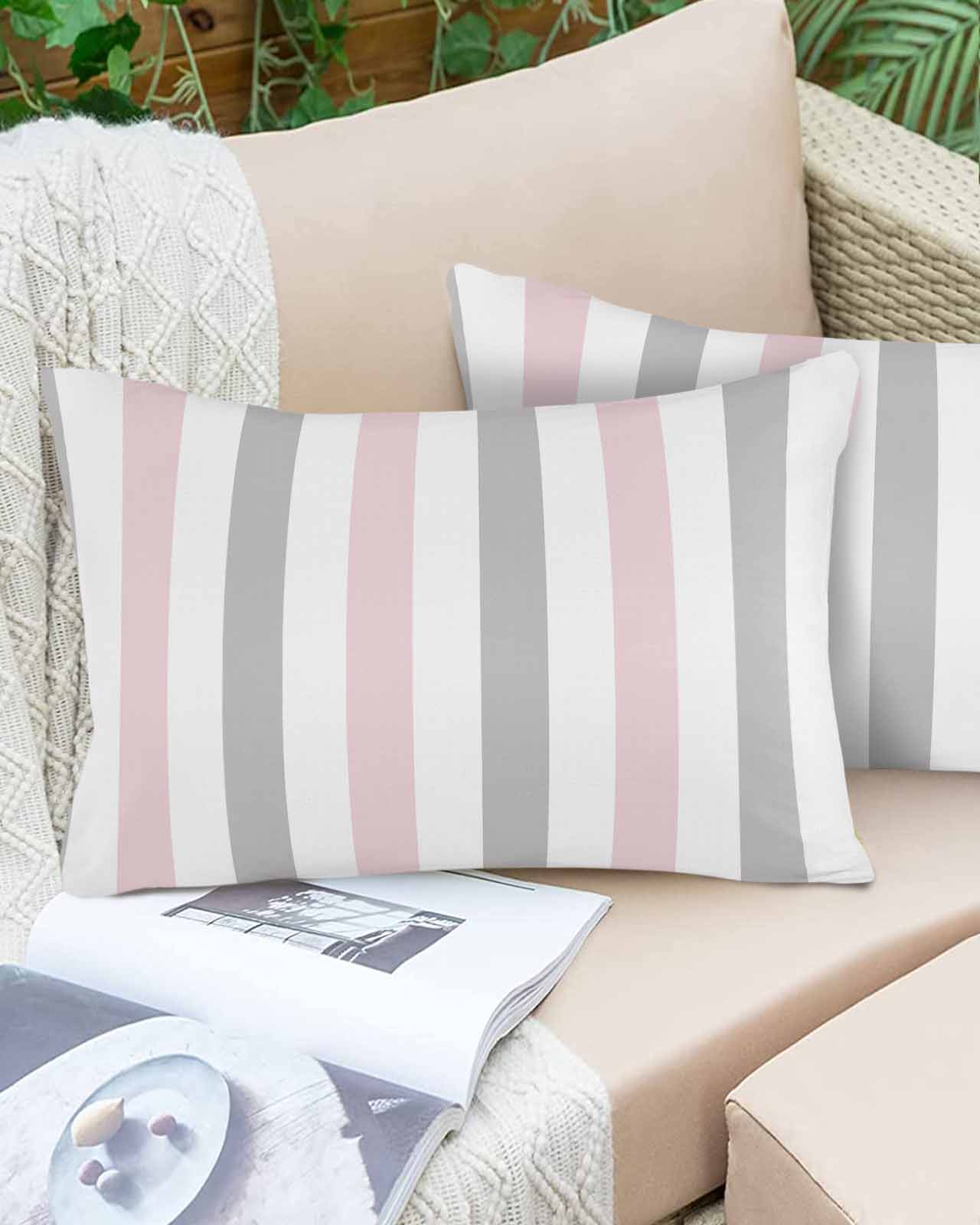 Outdoor Waterproof Throw Pillow Covers Set of 2 Pink Grey Striped Decorative Pillowcases Lumbar Outdoor Pillows Cushion Case 20x12 Inch Vertical Stripes Patio Pillows for Couch Sofa Bed Garden