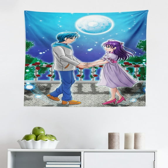 Anime Tapestry, Cartoon Illustration of Angel Wings and Flowers Japanese Manga Print, Fabric Wall Hanging Decor for Bedroom Living Room Dorm, 2 Sizes, White Blue, by Ambesonne