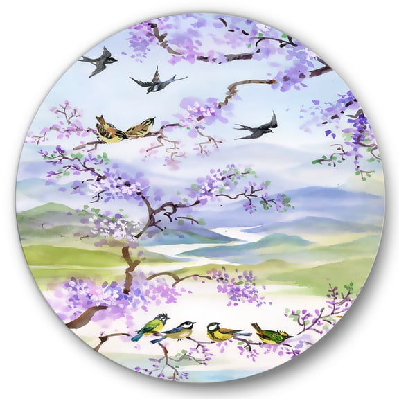 Designart 'Birds Sitting On Cherry Branch' Traditional Circle Metal Wall Art 36x36 - Disc of 36
