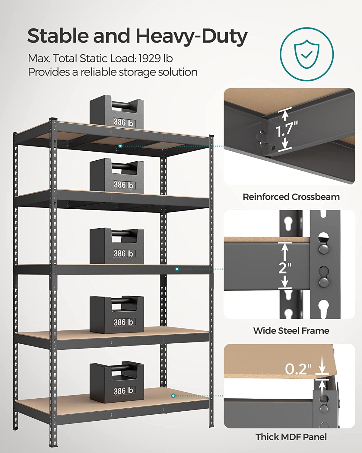 5-Tier Storage Shelves Metal Garage Storage, Boltless Assembly Adjustable Shelving Unit, 17.7 x 35.4 x 70.9 Inches, Load 1929 lb, for Shed Warehouse Basement Kitchen Gray