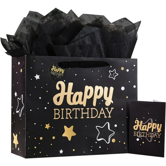 Black Birthday Gift Bag with Tissue Paper and Greeting Card, 13'x10.2'x4.9', Medium (1-Piece Set, Black Starry Sky, Includes Card, Ribbon, Tissue Paper)