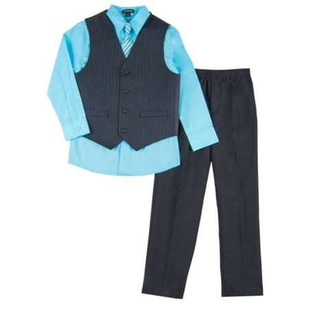 Boys 4 Piece Suit Aqua Blue & Black Pin Stripe Dress Up Outfit Holiday Shirt