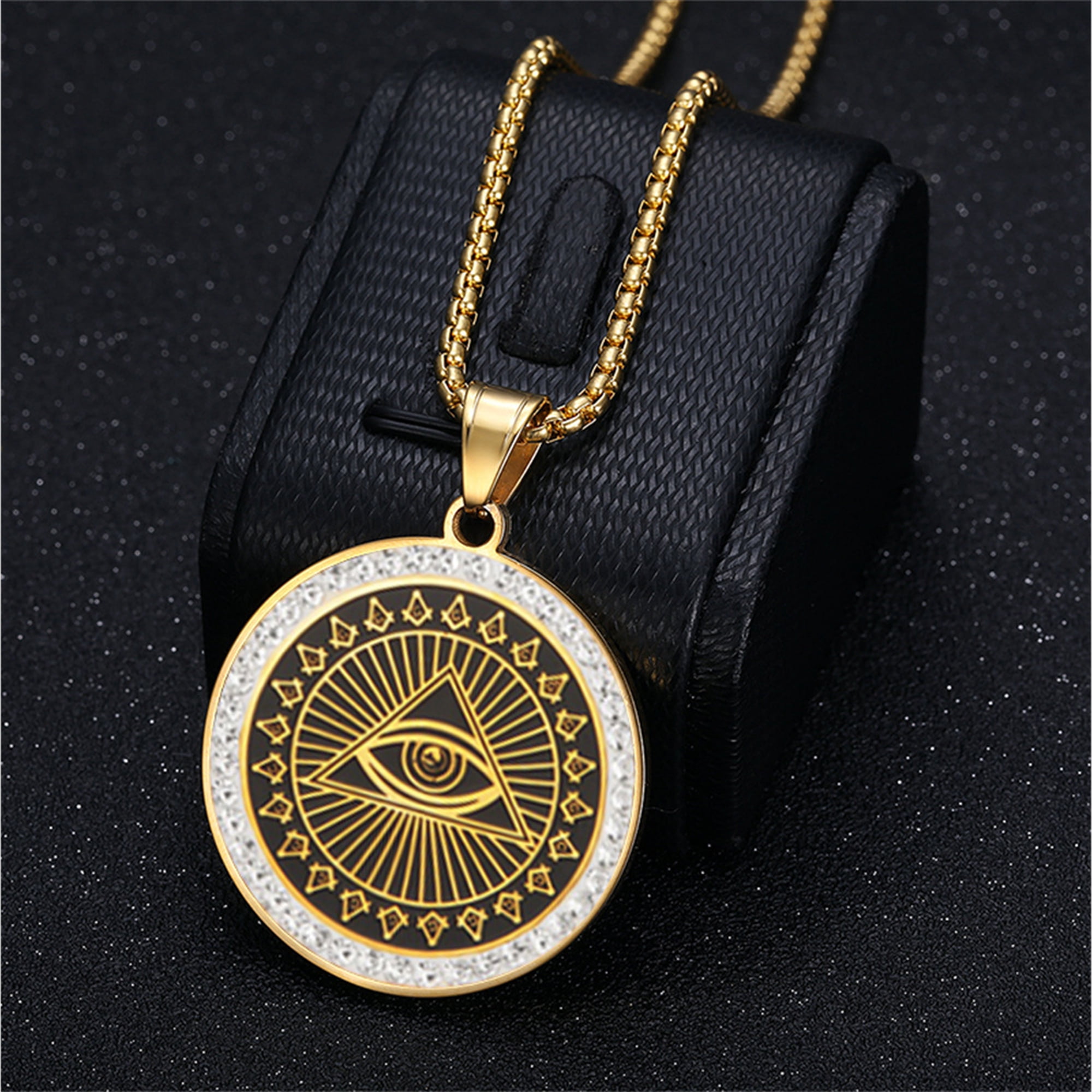 Mystic Masonic All-See Eye Round Pendant Necklace, 14K Gold Filled Freemason Fashion Jewelry Gift for Women & Men
