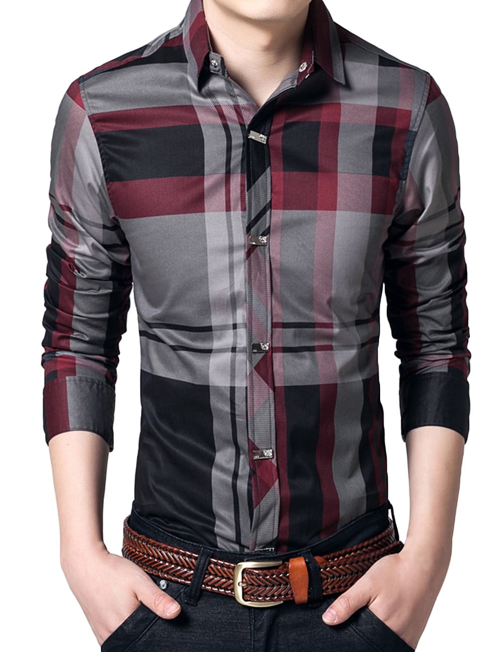Domple Men Long Sleeve Patchwork Casual Button Down Relaxed Fit Shirt Domple Men Long Sleeve Patchwork Casual Button Down Relaxed Fit Shirt