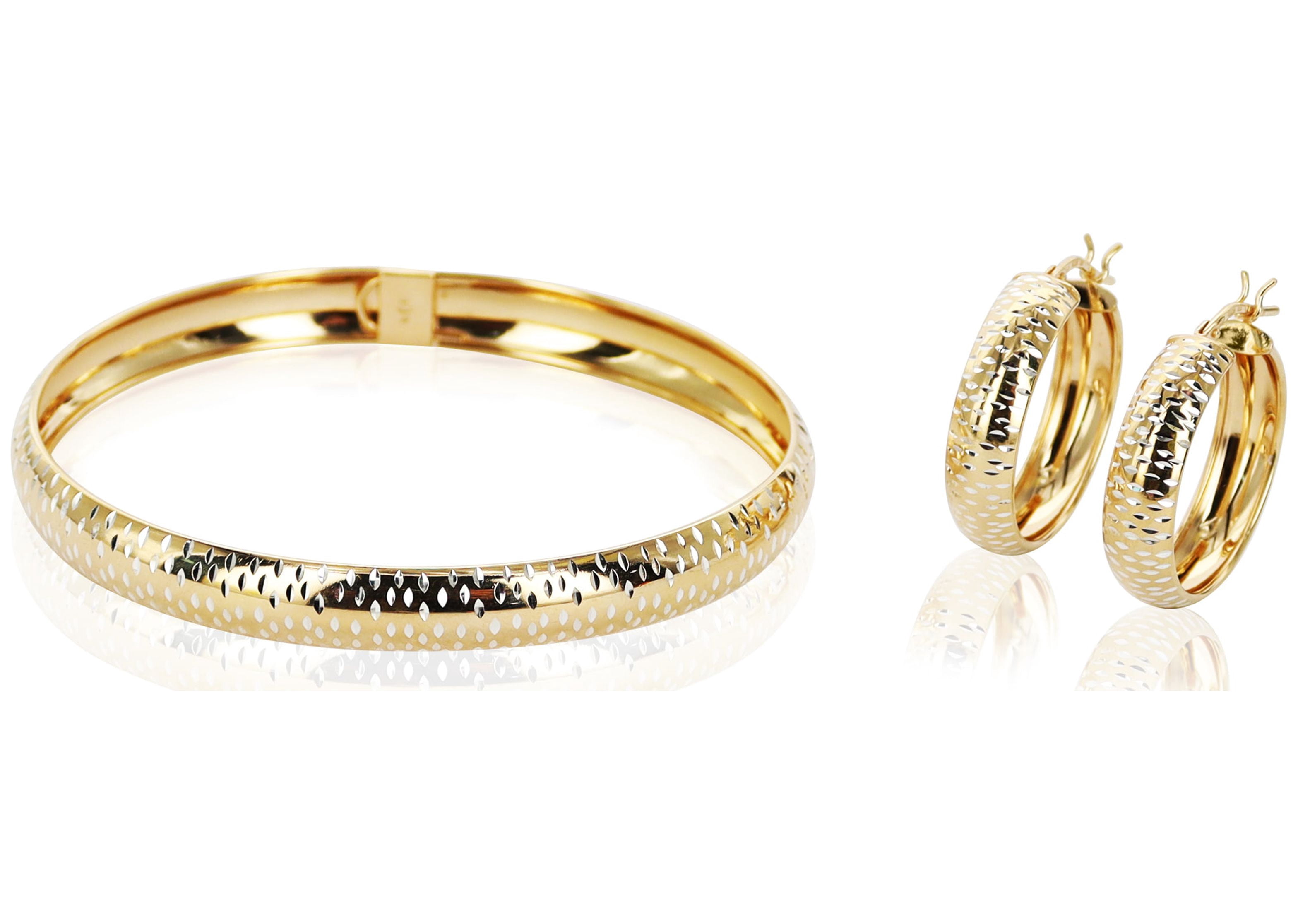 Brilliance Fine Jewelry Women's Sterling Silver 14K Gold Plated Diamond Cut Flex Bangle Earring Set for Adults