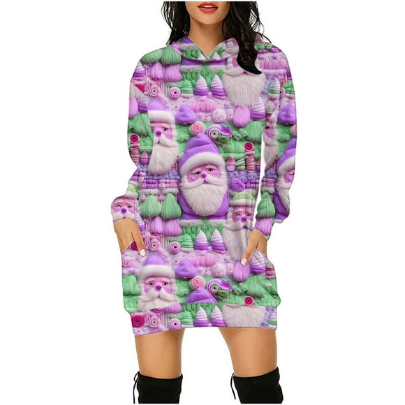 Birdeem Women's Christmas Print Loose Long Sleeve Hoodie Sweater Top Hooded Dress