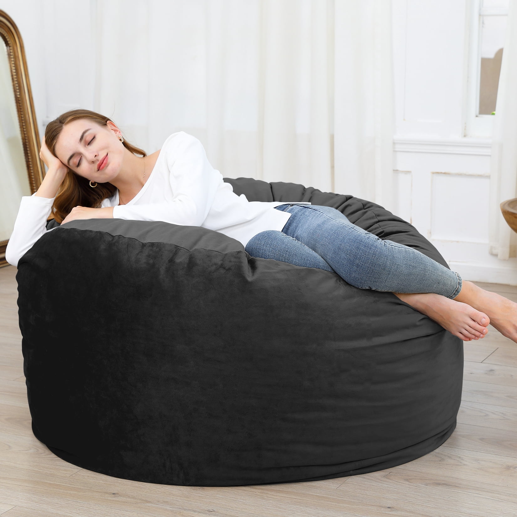 4FT Large Bean Bag Chair, Giant Bean Bag Chair with Filling, Round Bean Bag Sofa for Adults Teens, Big Sofa Bean Bag Chairs Soft Velvet Beanbag for Bedroom Living Room