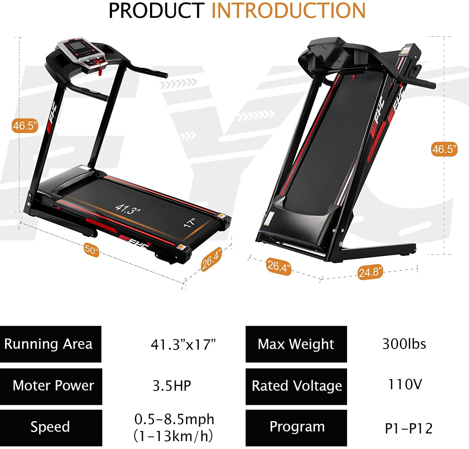 3.5HP 330 LB Weight Capacity with 3-Level Incline Folding Treadmill for Home 16.5" Running Area 10MPH Speed Running Machine Electric Foldable Treadmill with APP/Bluetooth/Incline