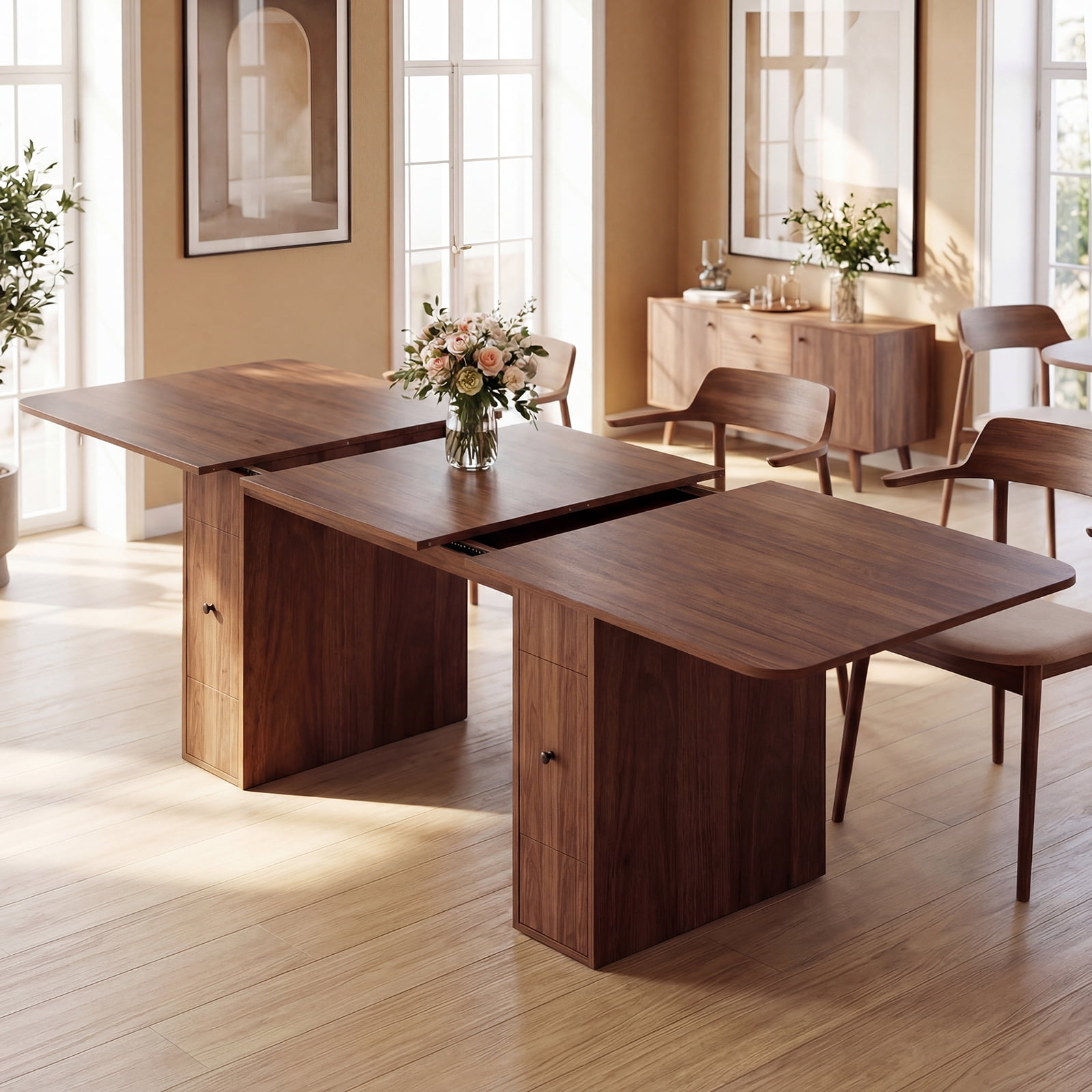 Advwin Extendable Dining Table for 6-10 People, 63" to 79" Space-Saving Folding Table with 4 Storage Drawers, Modern Rectangular Wooden Expandable Table for Dining Room, Kitchen, Office, Walnut
