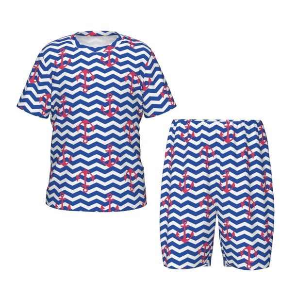 Balery Nautical Anchors Conjunto de Pijama Infantil de Manga Corta con Estampado – Ropa de Dormir de Algodón Suave-Small