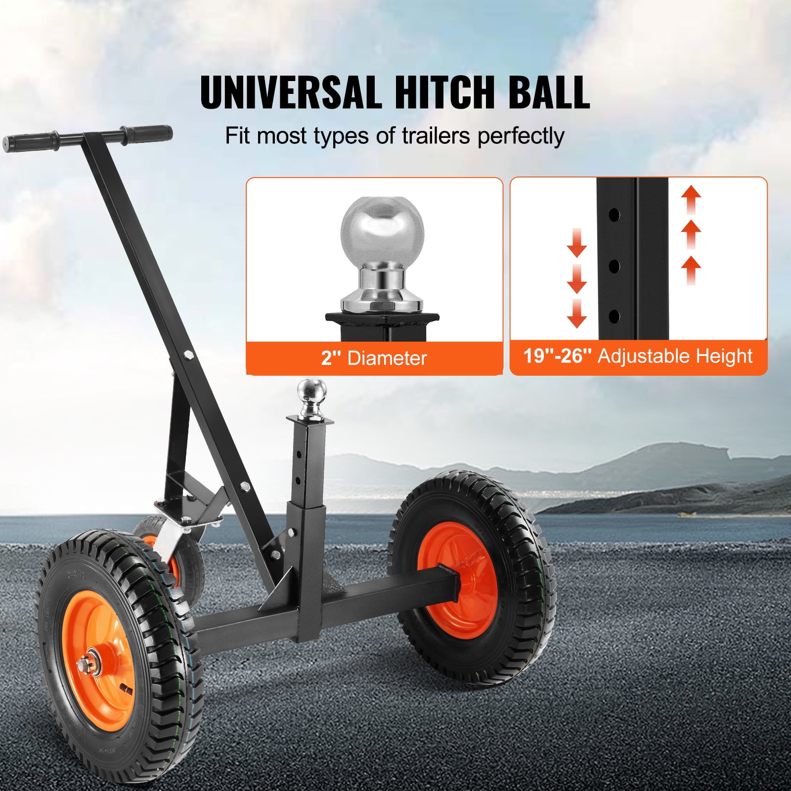 VEVOR Adjustable Trailer Dolly, Dolly for Trailer with 1-7/8'' Hitch Ball & 10'' Solid Tires, 16''-24'' Adjustable Height, 1000lbs Tongue Weight Capacity