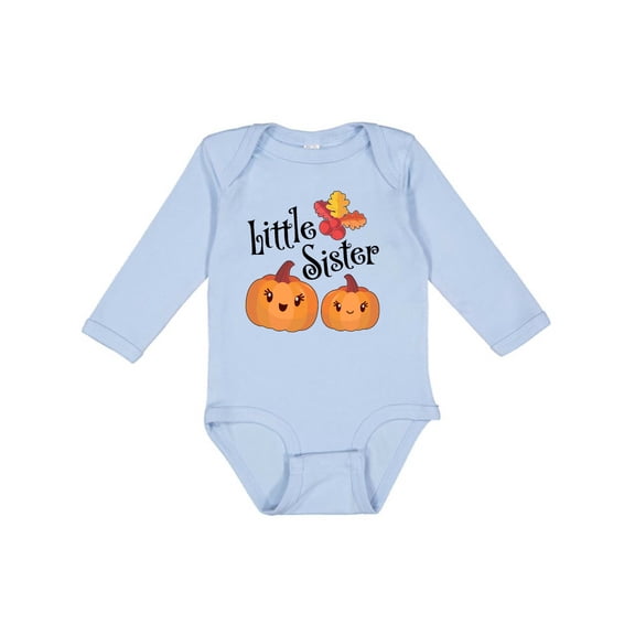 Inktastic Little Sister Pumpkins with Fall Leaves Girls Long Sleeve Baby Bodysuit
