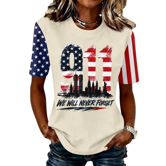 Domzest 9/11 25th Anniversary Shirt Womens Never Forget Patriotic American Flag Shirt Short Sleeve Crew Neck Tee Beige M