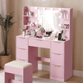 thumbnail image 3 of Tcbosik 43.7" Vanity Desk with Lighted Mirror, Charging Station & Cushioned Stool, Makeup Dressing Table with Open Shelves and 7 Drawers for Bedroom, Pink, 3 of 7