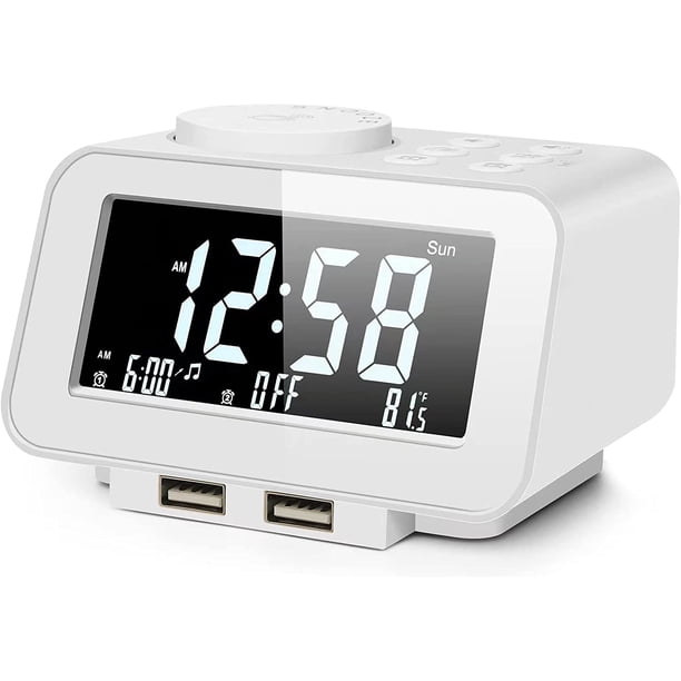 Digital Alarm Clock Radio - 0-100% Dimmer, Dual Alarm with Weekday/Weekend Mode, 6 Sounds Adjustable Volume, FM Radio w/Sleep Timer, 2 USB Charging Ports, Thermometer, Battery Backup(White)
