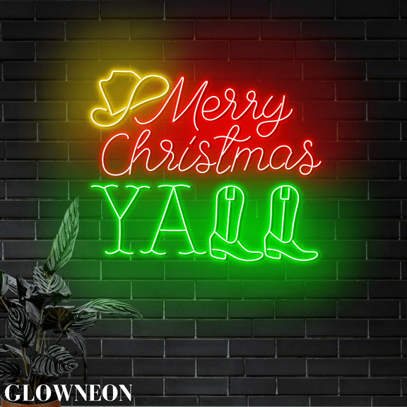Glowneon Merry Christmas Yall Cowboy Neon Sign, Christmas Cowboy Sign