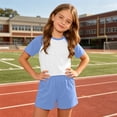 thumbnail image 5 of BXJX Girls Summer Outfit Sets, Short Sleeve Color Block 2 Piece T-Shirt and Shorts Set Blue Size 9-10 T, 5 of 7