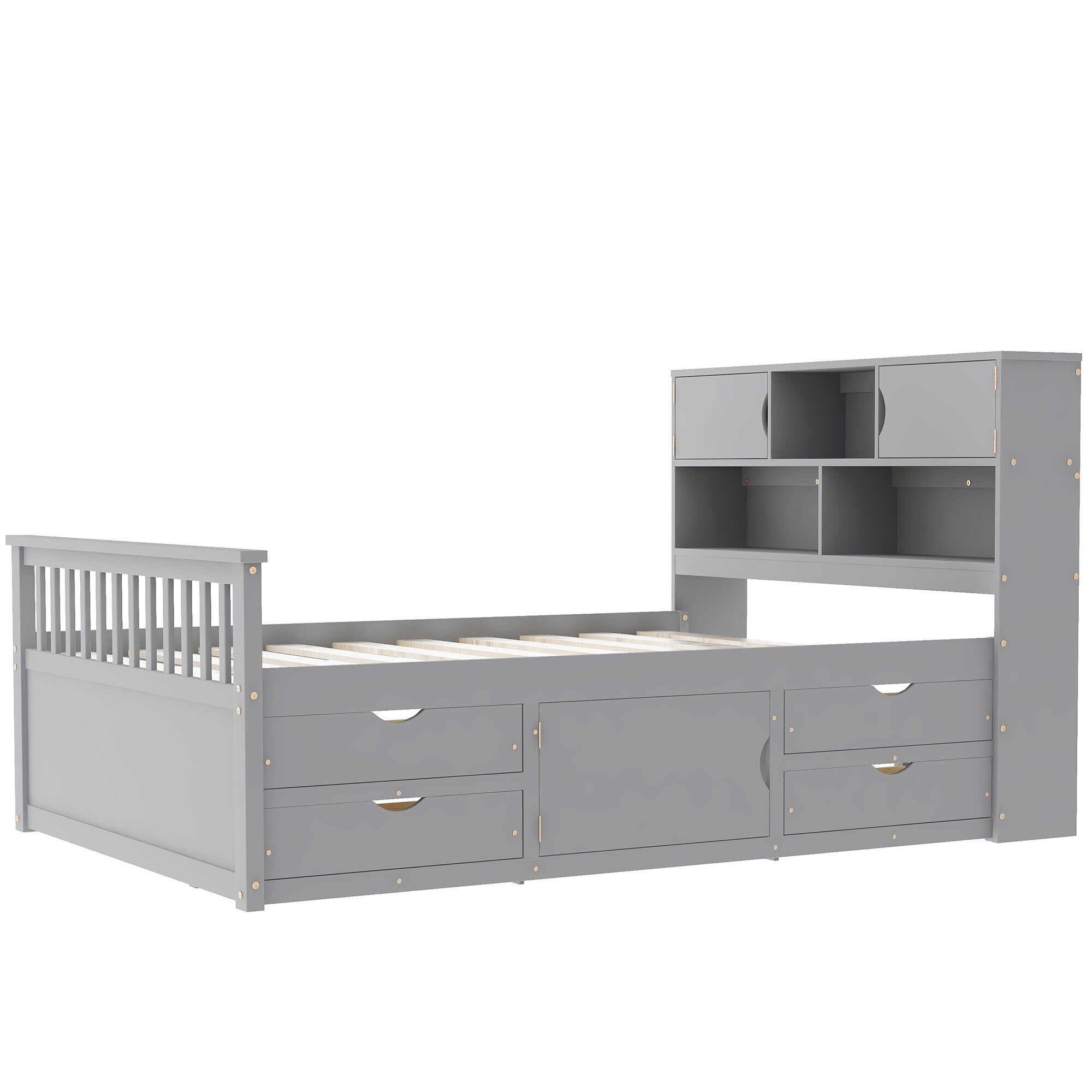 Euroco Wood Full Size Platform Bed with Storage Headboard, Captain Bed with 4 Drawers, Bookcase and Cabinets, Gray