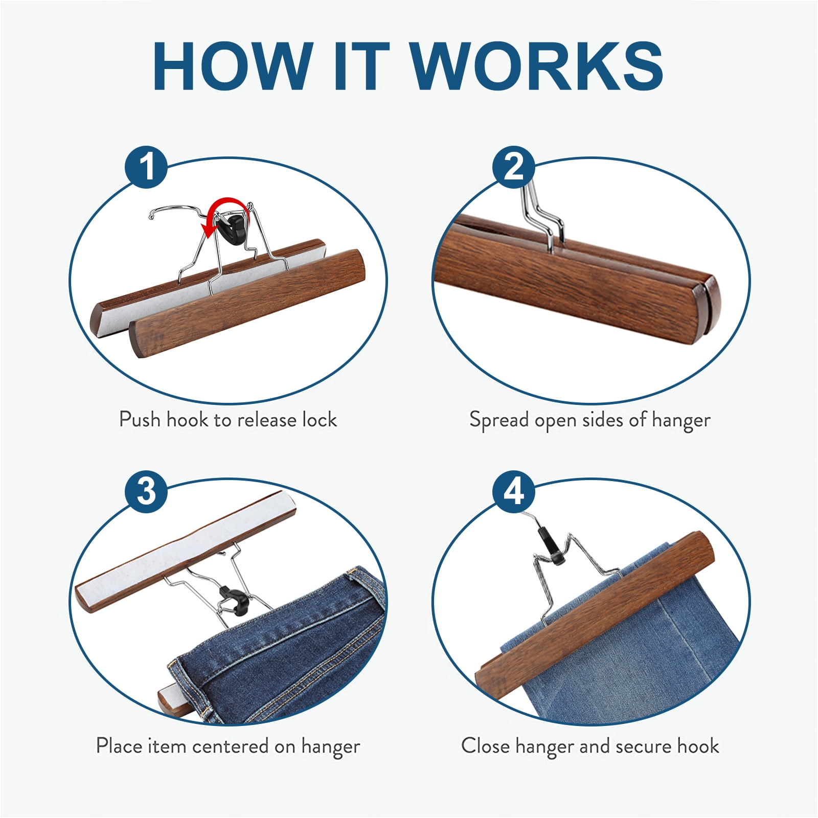 BagDream 12 Pack Wooden Pants Hangers with Clips, Smooth Finish Solid Wood Non Slip Skirt Hangers Jeans Slack Clamp Hanger, Walnut