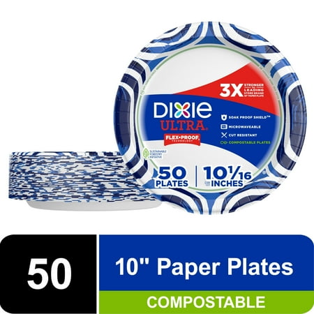 Dixie Ultra Compostable Paper Plates, 10 in, 50 Count, 3X Stronger*, Multicolor, Disposable Plates (Pack of 4)