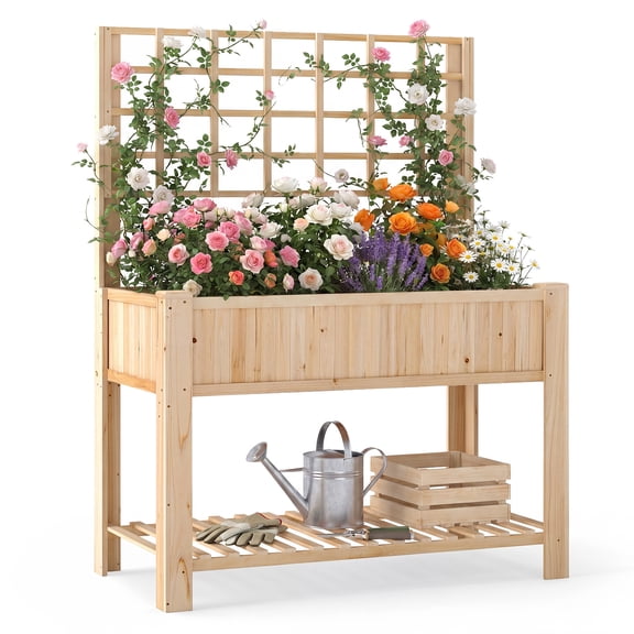 Gymax Raised Garden Bed w/ Trellis Wooden Elevated Planter Box w/ Legs & Liner Natural