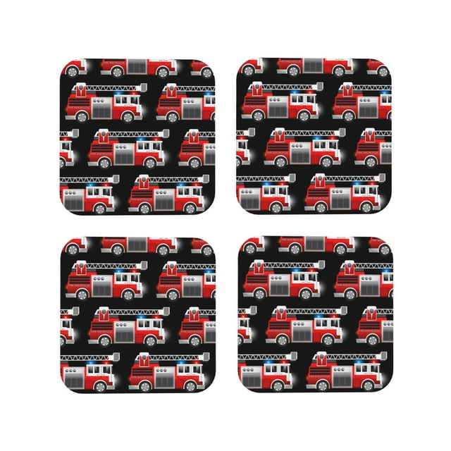 Vsdgher Fire and Rescue Truck Print Leather Coasters for Drinks, Durable Drink Coasters 4 Set for Tabletop Protection, Luxurious Home Décor and Housewarming Gift-Square