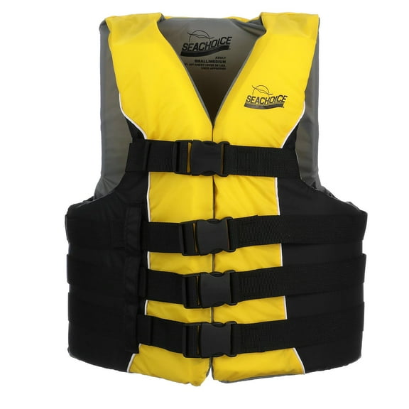 Seachoice Level 70 Life Jacket, Deluxe Adjustable 4-Belt Ski Vest, Yellow and Black, Size S/M: 32-40 In. Chest