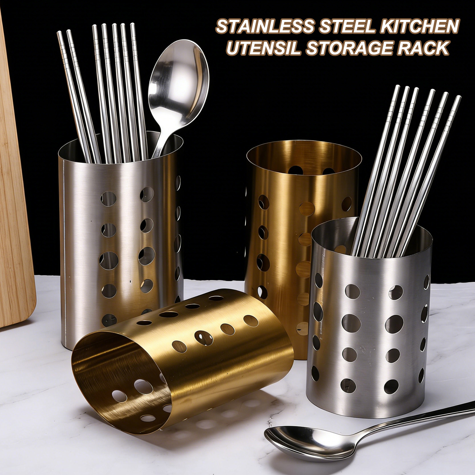 Uxcell Kitchen Utensil Holder, 3.9x5.5" Stainless Steel Utensil Cutlery Holder Round Flatware Organizer with Drain Hole for Kitchen Restaurant Countertop Straw, Spoon, Chopstick, Silver