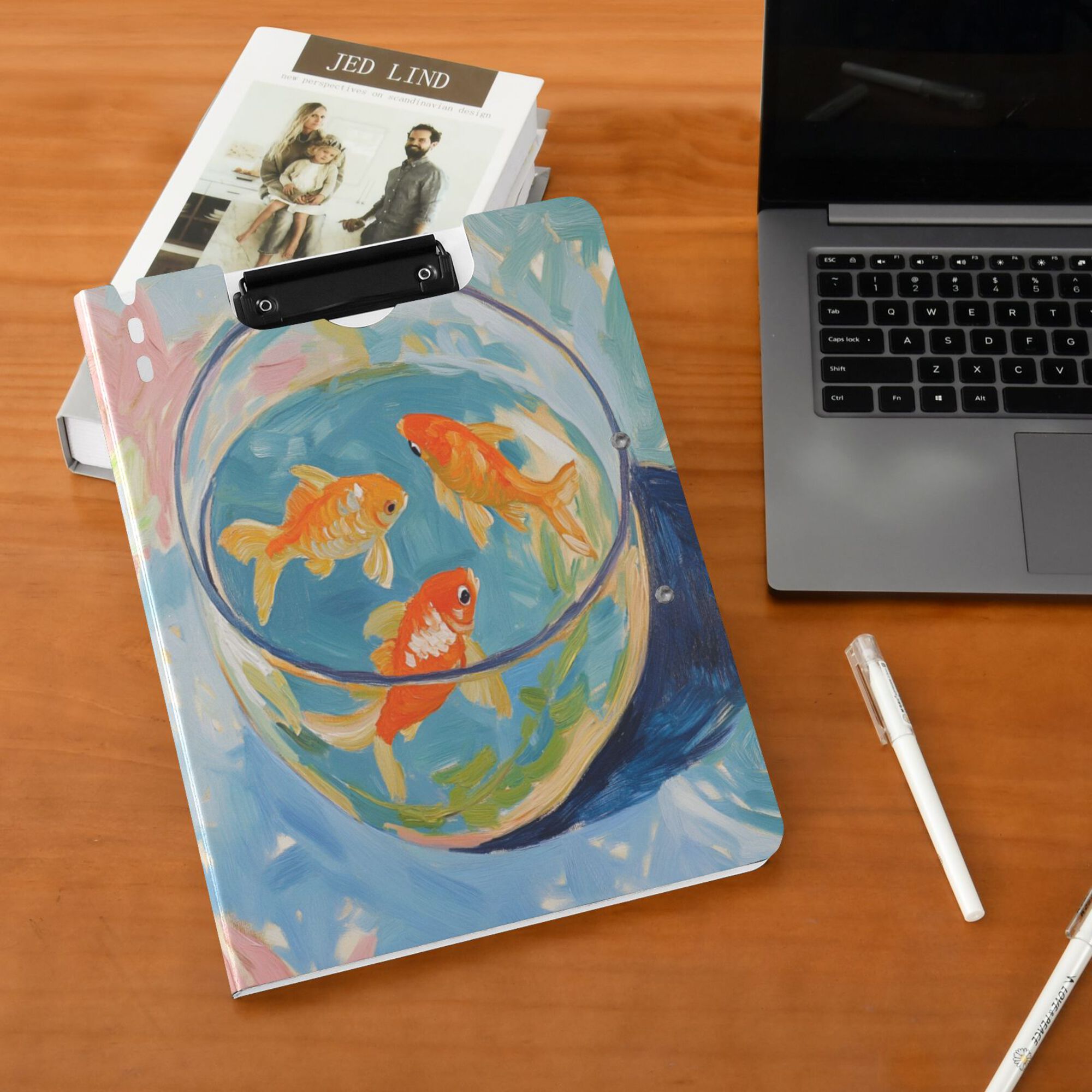 FORMRS A4 Clipboard Folder with Pen Holder Horizontal Foldable School Office Binder, Art Goldfish