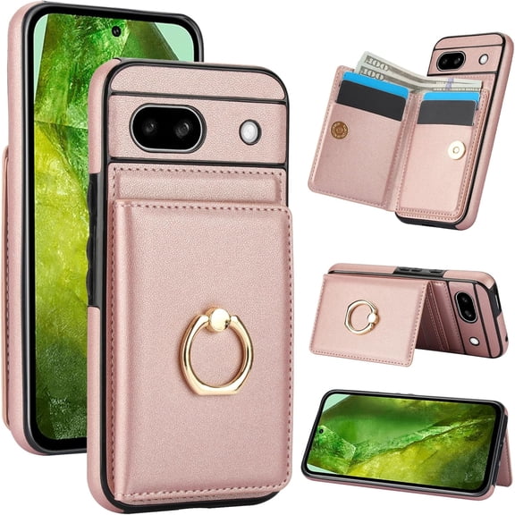 for Google Pixel 8A Wallet Case, Leather Case with Credit Card Holder and 360° Rotation Ring Stand, RFID Block Flip Leather Shockproof Cover