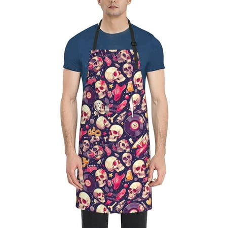 

Tebeau music Skull record Guitar Print Waterproof Cooking Aprons Adjustable Bib Soft Chef Apron with 2 Pockets for Men Women