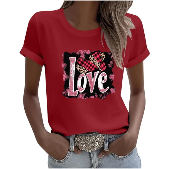 Edvintorg Short Sleeve Shirts for Women Heart Print Crew Neck Pullover Tops Summer Basic Tees T-Shirt Plus Size Womens Clothing