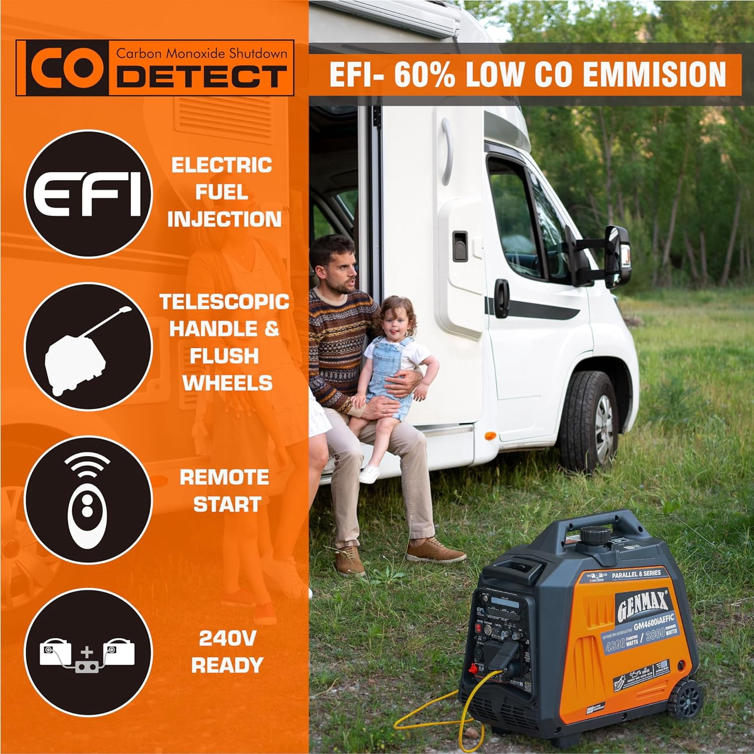 GENMAX EFI Inverter Generator, 4600W ultra-quiet 159cc engine with Parallel and Series Capability, Electric & Remote Start with CO Alert and LED light digital display,EPA &CARB Compliant