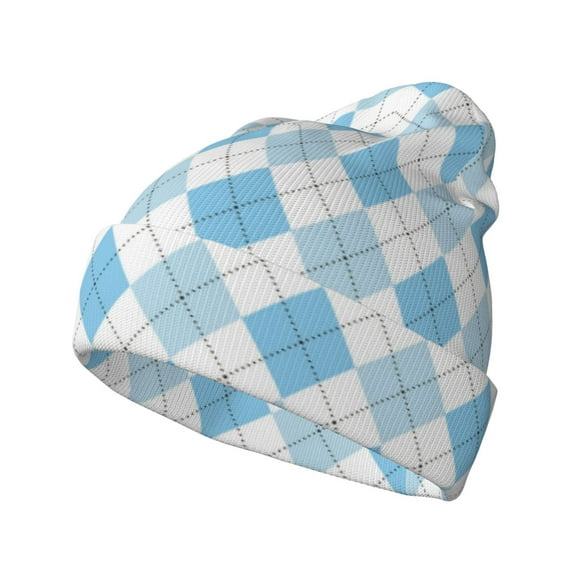 Hirioo Blue and White Squares for Men's Knit Cuffed Beanie for Outdoor Activities Unisex