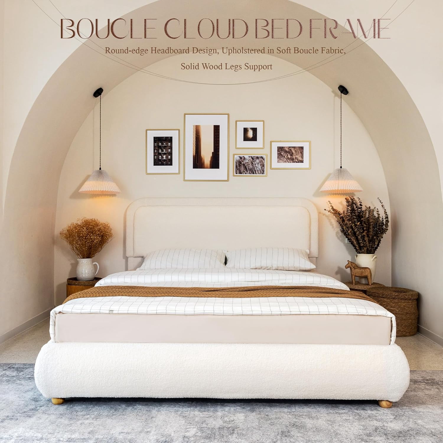 XIAO WEI Queen Cloud Bed Frame - Boucle Upholstered, No Box Spring