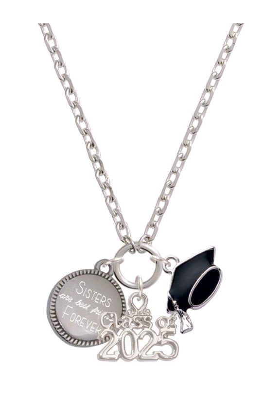 Stainless Steel Disc Sisters are Best Friends Forever - Silver-tone Class of 2025 Graduation Zoey Necklace, 28"