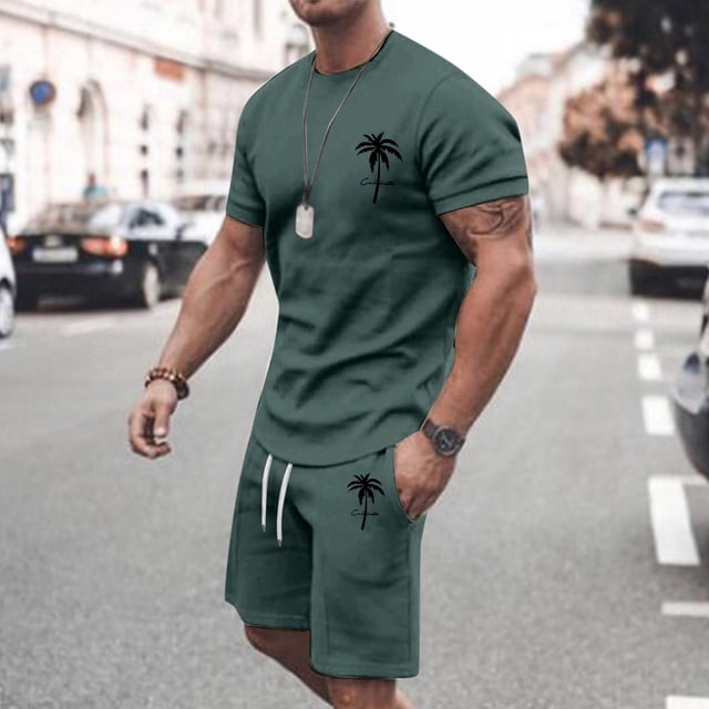 Men's Suits Product Classification Men's Summer Track And Field Suit Casual Short Sleeve O Neck Sport Set with Coconut Print