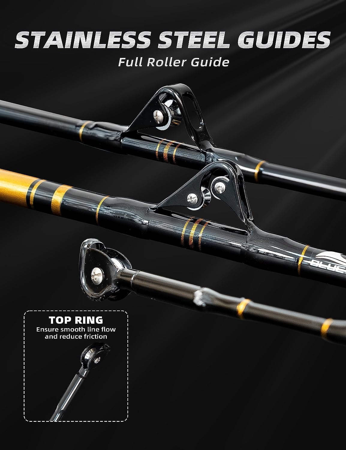 BLUEWING 6'0” Classic Trolling Fishing Rod 1pc Fiberglass Trolling Fishing  Rod with Full Stainless Steel Roller Guides Moderate Fast Action, 30-50lbs  