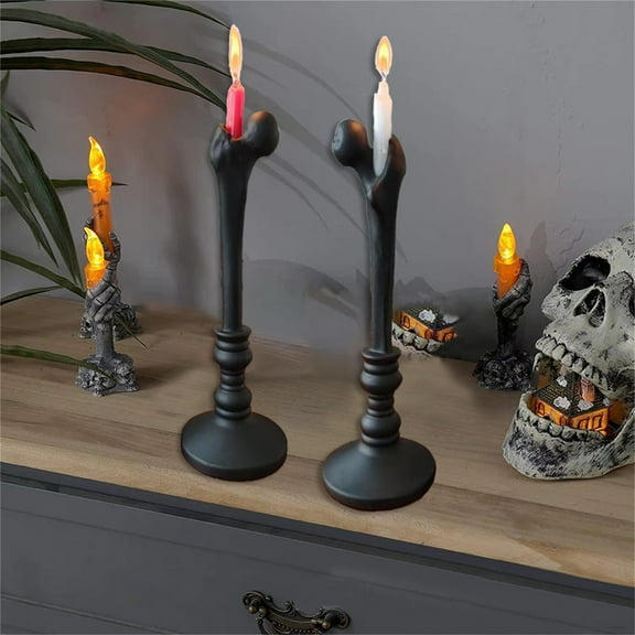 Elegant Iron Taper Candle Holder Set - Vintage Faux Skull Bone Halloween Decor for Home, Dining Room, Bar - Textured Resin Candlestick Stand for Parties, Gifts, Christmas & Ambiance Lighting