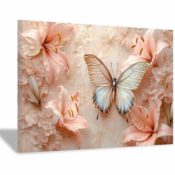 Mudket Framed Canvas Wall Art Ready to Hang, Soft Pink Lily Butterfly Wall Decor, Vintage Botanical Flower Canvas Print, Pink Flower Wall Art, Wall Pictures for Bedroom Decor - 12"L x 8"W