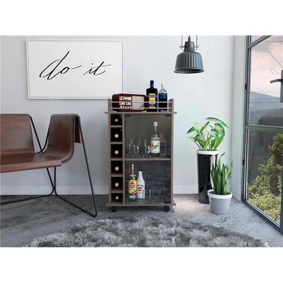 Depot E-Shop Huali Bar Cart with Glass Door Cabinet, 2 Shelves, 6 Liquor Cubbies, and 4 Caster Wheels, Smokey Oak