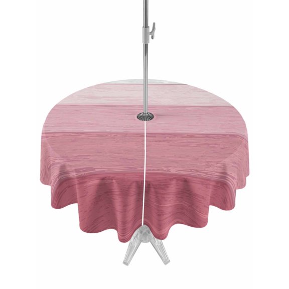 Outdoor Tablecloth with Umbrella Hole and Zipper, Country Pink White Gradient Wood Grain Round Waterproof Table Cover 60in Washable Table Cloth for Patio Picnic Party Geometric Stripe