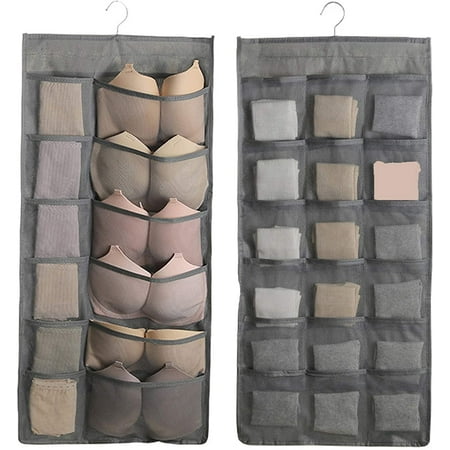 

Closet Hanging Organizer with Mesh Pockets & Rotating Metal Hanger Dual Sided Wall Shelf Wardrobe Storage Bags Oxford Cloth Space Saver Bag for Bra Underwear Underpants Socks (Gray-(12+18) Pockets)
